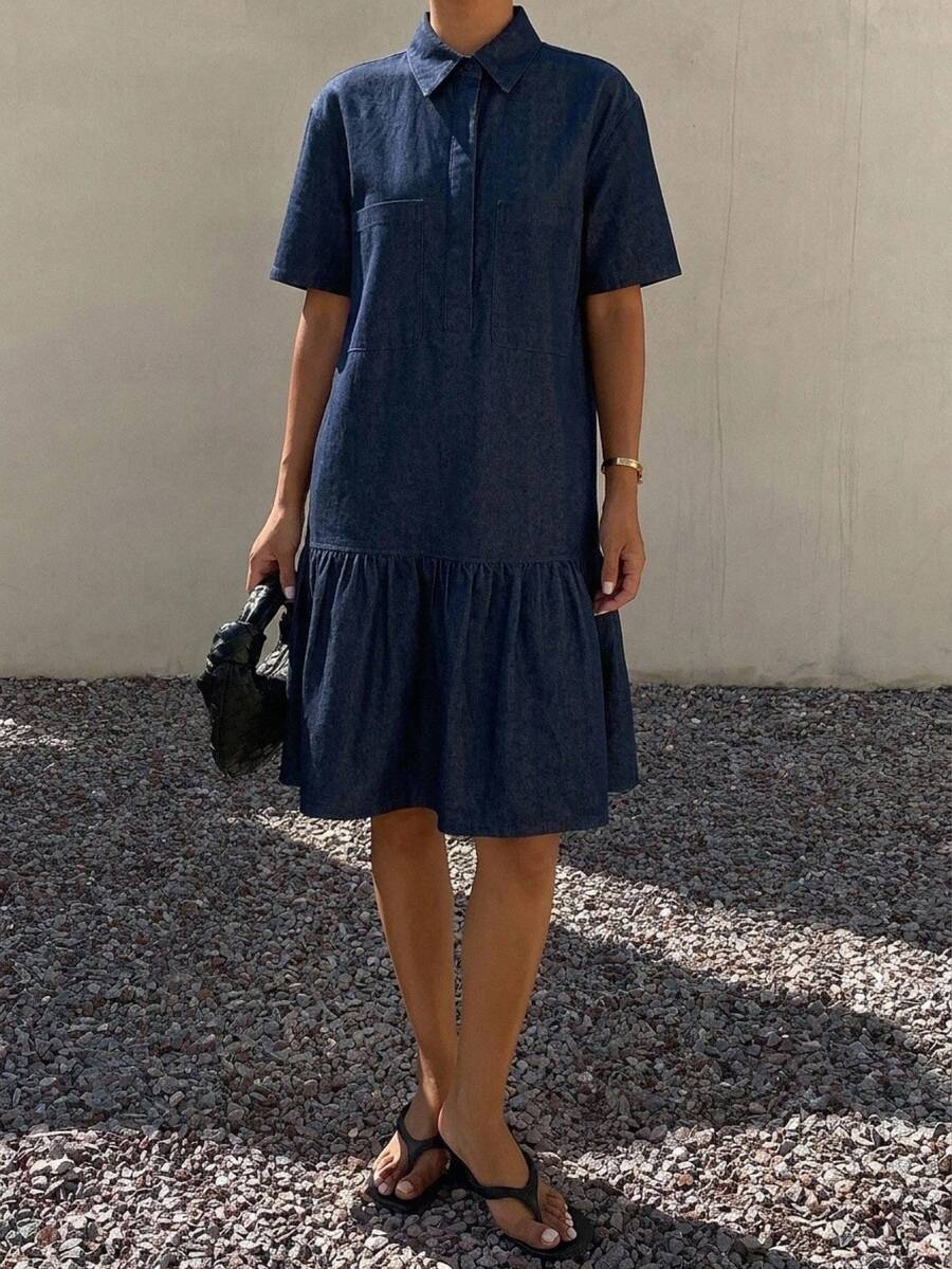 DAZY Women's Casual Denim Dress With Ruffle Hem, Summer - Blue - View 1