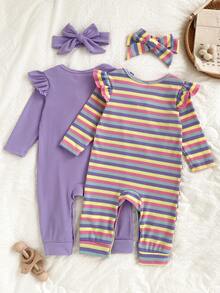 2pcs Baby Girls Fall Winter Pink Purple Colorful Ribbed Ribbed Long Sleeve Romper & Matching Bow Headband Set - Purple - View 2