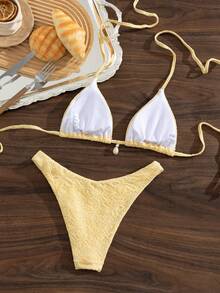 Swim Mod 女款夏季海灘派對度假簡約熱帶性感波西米亞風蕾絲壓紋掛脖三角比基尼上衣 珍珠貝殼吊墜款 + 高衩 - 黃色 - 查看 8