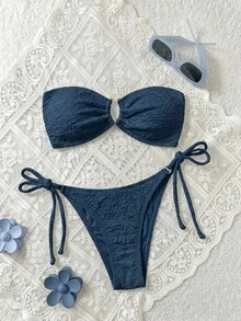 Swim Mod 女款夏季海灘純色抹胸比基尼上衣與三角褲兩件式泳衣套裝 - 藍色 - 查看 1