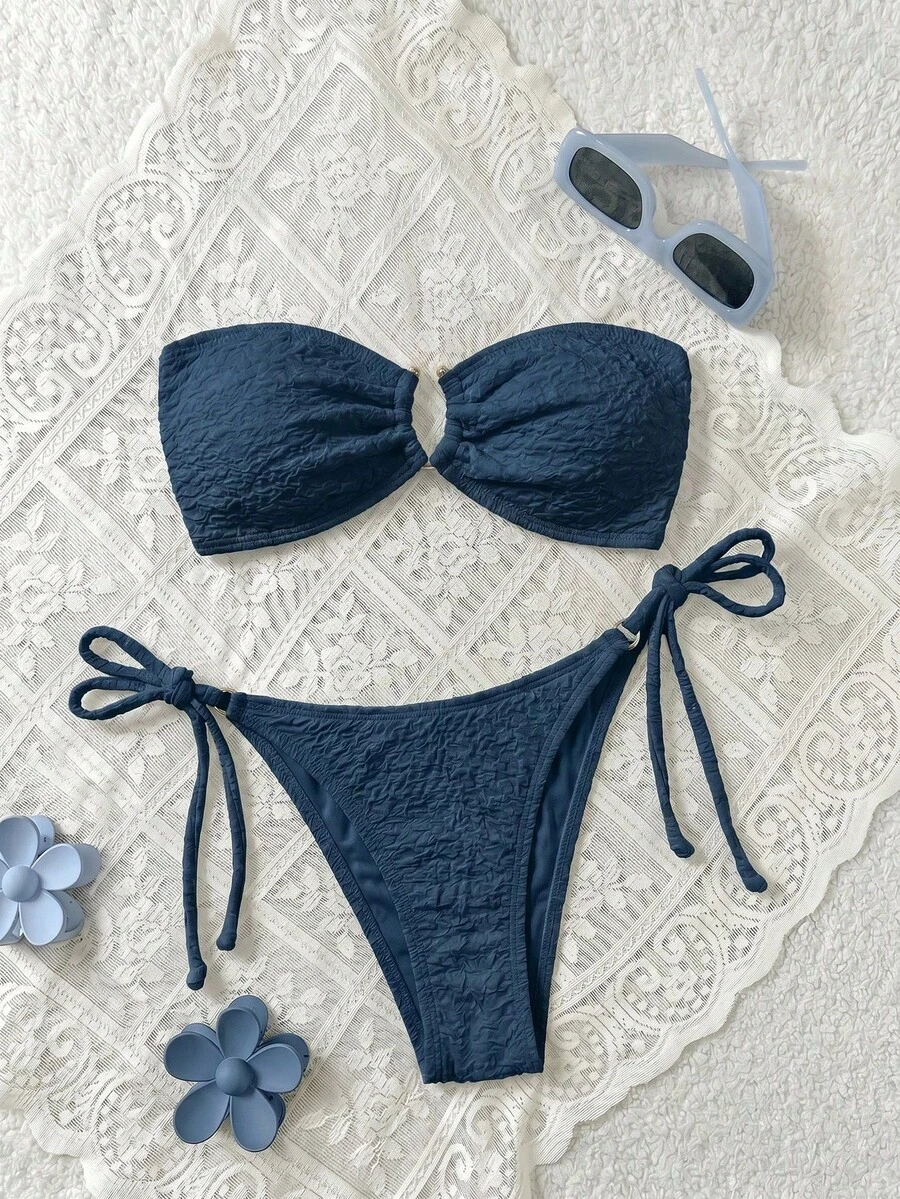 Swim Mod 女款夏季海灘純色抹胸比基尼上衣與三角褲兩件式泳衣套裝 - 藍色 - 查看 1