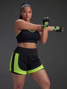 Powerista Women's Plus Size Black & Green Mesh Colorblock 2 In 1 Shorts - Black - View 8