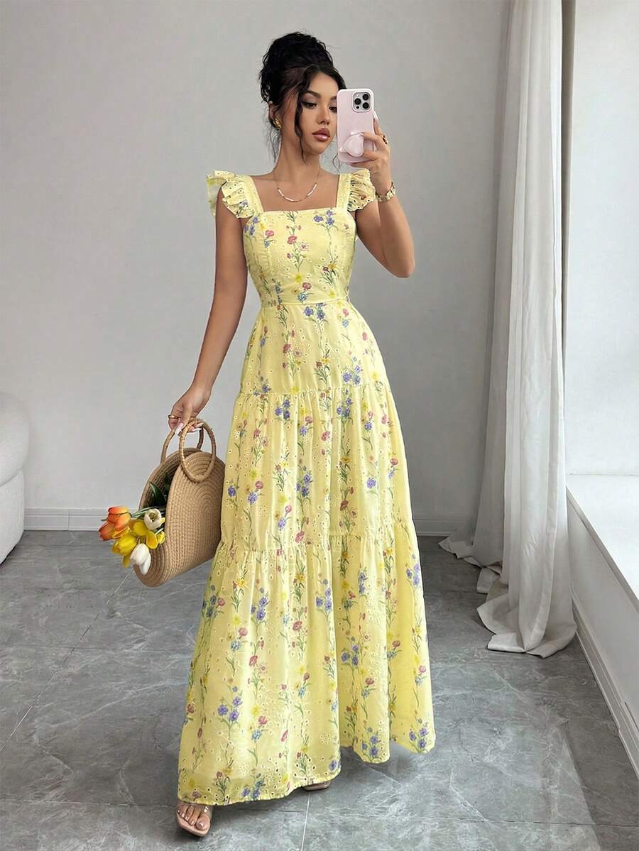 SHEIN Elenzya 女士碎花褶皱腰身连衣裙，适合通勤、外出、野餐、情人节约会、水疗度假村、海滩派对、旅行休闲等场合。 - 淡黃色 - 查看 1