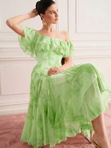 Zanirela Summer Yellow Colorblock Tie-Dye Floral Random Print Chiffon Off Shoulder Dress, Layered Ruffle Design, 3D Cut Multi-Layer Inset Craftsmanship, Romantic Elegant Style, Suitable For Summer Parties, Beach Vacation And Wedding Bridesmaid, Waist-Cinching Slim Fit, Lightweight Pleated Chiffon Fabric, Layered Ruffle Skirt For Summer Vacation, Date And Picnic - Green - View 8