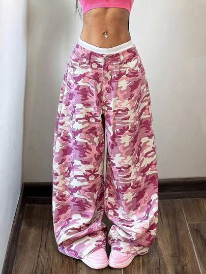StreetHx Women's Camouflage Button Pocket Casual Versatile Daily Wide Leg Denim Jeans
