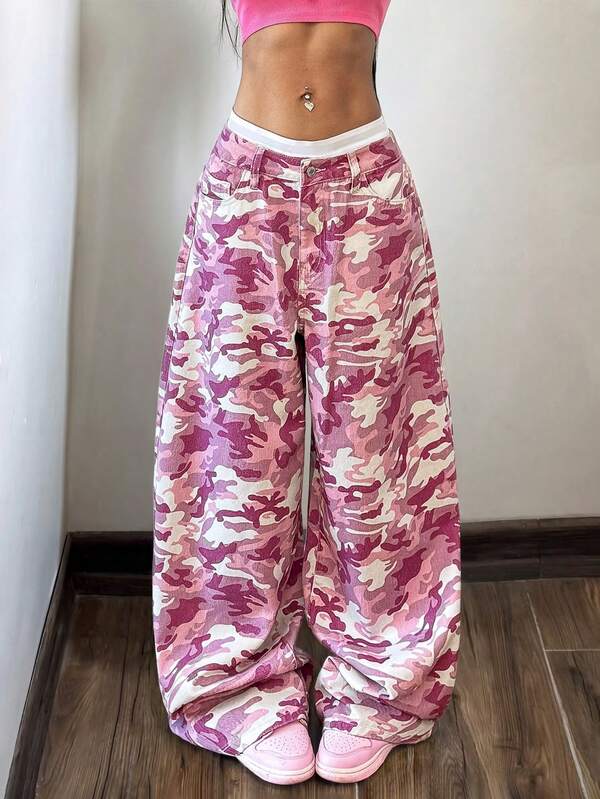 StreetHx Women's Camouflage Button Pocket Casual Versatile Daily Wide Leg Denim Jeans