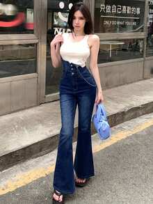 DAZY 春季復古水洗藍雙鈕扣收腰拼接撞色音樂節休閒街頭喇叭褲女款牛仔吊帶褲 - 深色水洗藍 - 查看 5