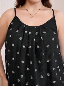Reflora 大尺碼女款百褶雛菊刺繡優雅細肩帶背心，可愛女裝上衣，夏季可愛上衣，夏季休閒上衣，田園風春夏女款細肩帶背心 - 黑色 - 查看 5