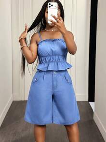 Slaydiva Women's Summer Casual Spaghetti Strap Shorts Denim Set - Blue - View 5