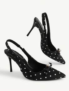 CUCCOO CHICEST Women Shoes Spring And Summer New Models, Polka Dot Satin Pointed Back Empty Sandals, Pearl Bow Stiletto High Heels, Gentle And Sweet Style, Daily - Black - View 8