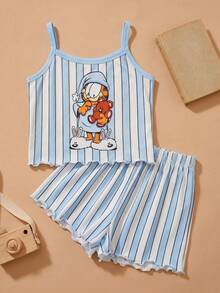 GARFIELD | SHEIN Set Pakaian Santai Kasual Atasan Camisole dan Celana Pendek Motif Kartun Garis-garis untuk Anak Perempuan Remaja - Blue and White - View 1