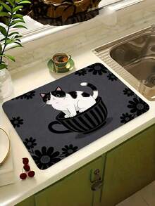 1PC Large Microfiber Rubber Base Super Absorbent Quick Drying Non Slip Easy Clean Waterproof Durable Cute Kitten In Cup Pattern Kitchen Countertop Dish Drying Mat Coffee Mat For Home Coffee Bar Sink Dining Table Kitchen Accessories Decor Gift - Multicolor - View 2