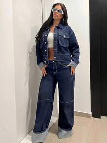 Jeanoix Jaket Denim Kasual Lengan Panjang Kancing Tunggal Ukuran Besar untuk Wanita dengan Kantong Serbaguna - Dark Wash - View 1