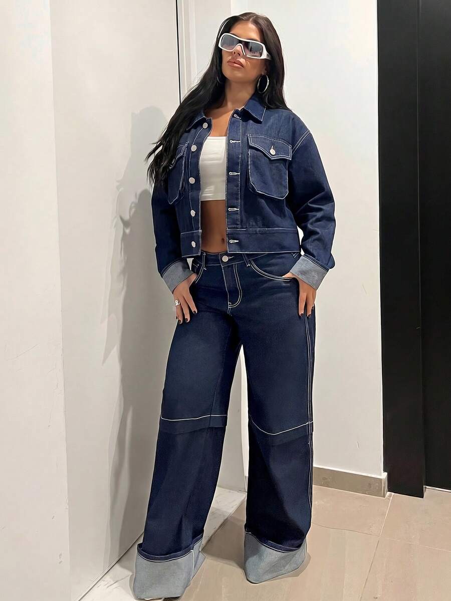 Jeanoix Jaket Denim Kasual Lengan Panjang Kancing Tunggal Ukuran Besar untuk Wanita dengan Kantong Serbaguna - Dark Wash - View 1