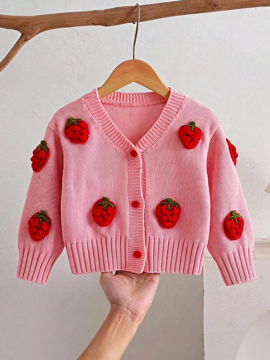 LMoss Kids Baby Girl Knit Cute Strawberry Pattern V-Neck Casual Cardigan - Pink - View 1