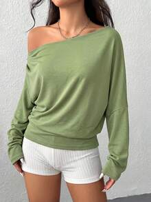 SHEIN EZwear 女款純色百褶不對稱領長袖上衣 - 軍綠色 - 查看 6