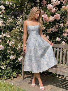 SHEIN Vintage 3D Floral Embossed Print Sleeveless A-Line Dress, Women's Holiday Dress, Women's Vacation Dress, Women's Party Dress, Elegant Vintage Women's Dress. Luxury Banquet Party Tea Dress, French Backless Hollow Elegant Princess Dress, Sexy Elegant Summer Women's Dress, Birthday Mid-Length Wedding Guest Dress, Mid-Length Elegant Bridal Dress, - Blue - View 8