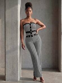 BamGlimmer Women Houndstooth Print Bandeau Jumpsuit - Black and White - View 6