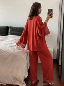 DAZY 3-Piece Women's Lace Patchwork Camisole, Robe And Long Pants Pajama Set - Orange - View 2
