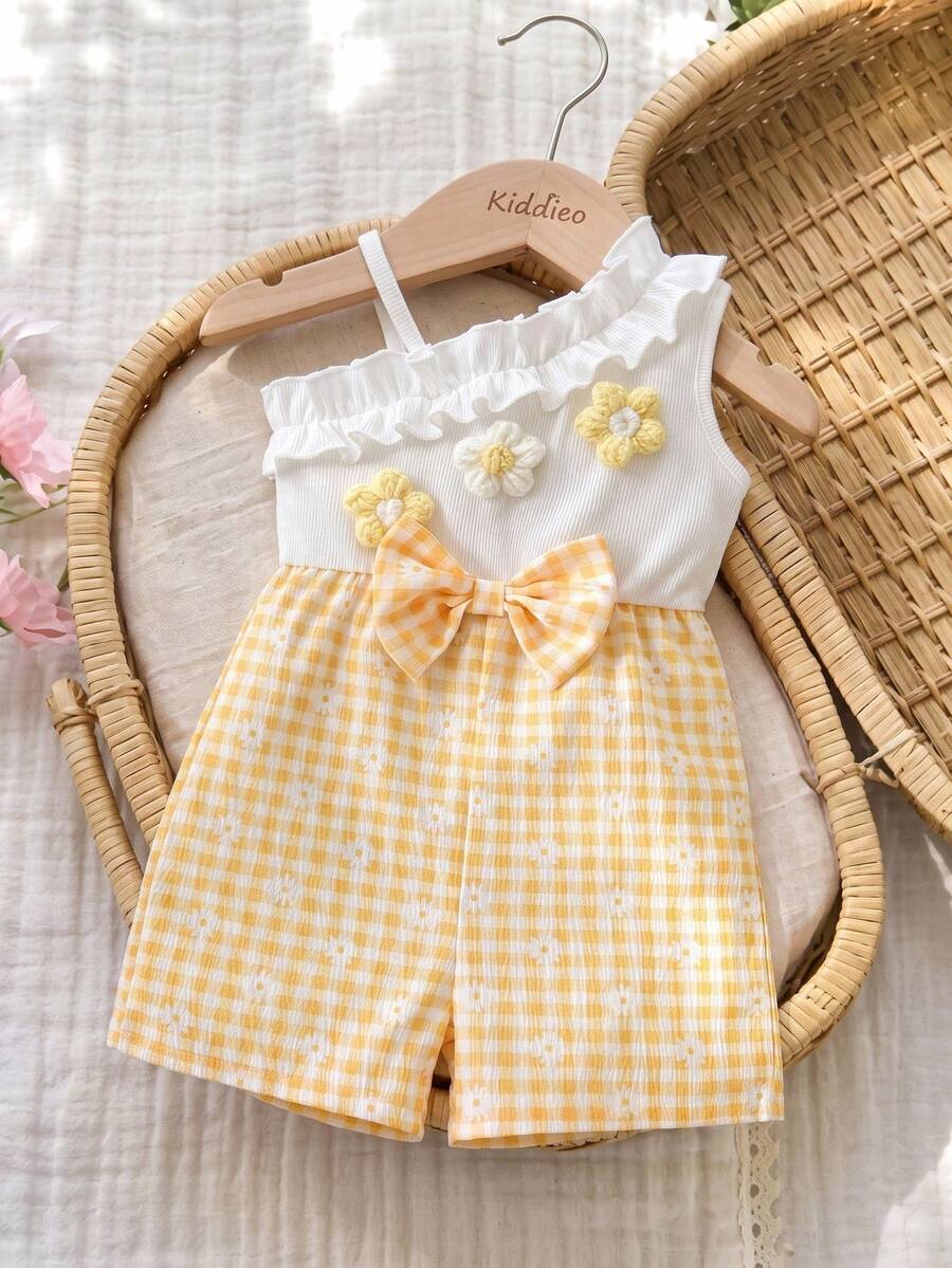 SHEIN 女嬰時尚優雅不對稱肩3D花朵蝴蝶結連身褲夏季 - 黃色 - 查看 1