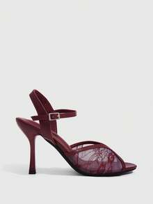 CUCCOO SZL Burgundy Lace Mesh Buckle Strap Sandals, Women's Gentle Open-Toed Stiletto Sandals - Burgundy - View 2