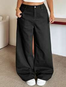 Dazy Plus Solid Color Casual Spring Autumn All Season Long Denim Jeans Plus Size Women Black Versatile - Black - View 6