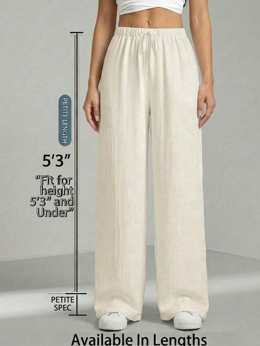 SHEIN PETITE CURVE 大尺碼全鬆緊腰休閒長褲 - 米色 - View 1