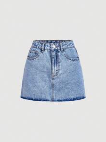 SHEIN Sweetro 夏季休閒刺繡牛仔裙 - 藍色 - 查看 2
