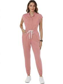 TaskEZ Solid Color Drawstring Waist Scrub Uniform Jumpsuit - Pink - View 7