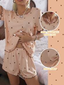 CottageSlumber Khaki Small Heart Ribbed Knit Loose Fit Short Sleeve Shorts Pajama Set For Women - Khaki - View 2