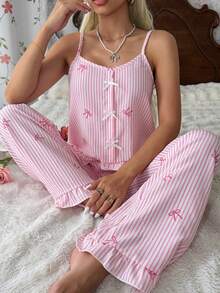 CottageSlumber Pink & White Striped Heart Print Pajama Set, Delicate Bow Decor Ruffle Strap 2 Pieces Set - Pink - View 5