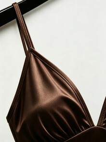 Franclia French Luxury Champagne Satin Waist-Cinched Cami Romper - Brown - View 4