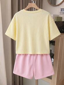 SHEIN Kids Tween Girl 2pcs/Set Tween Girls Loose Short T-Shirt + Camouflage Print Drawstring Waist Casual Shorts, Children's Shorts, Daily Casual Outfit Set - Multicolor - View 3