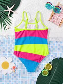 SHEIN 少女度假風拼色休閒細肩帶連身泳衣 - 彩色 - 查看 2