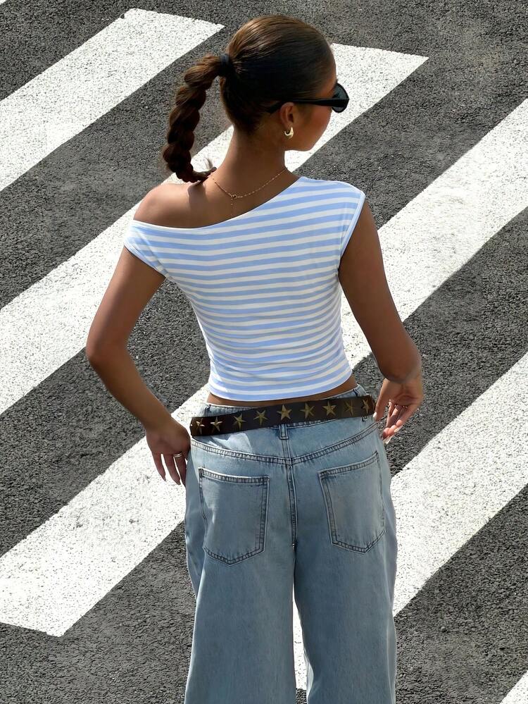Muchica Blue White Stripe Knit One-Shoulder Top For Women,Boat Neck T Shirt,Summer,Casual,Streetwear,City Break,Greece Inspired Nautical Pirate Sailor Top - Blue and White - View 2