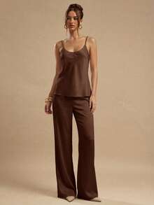 SHEIN BAE Summer Solid Coffee Brown Camisole Top Satin Long Pants Women's Two Pieces Set, Elegant Outfit, Vacation, Wedding Guest Attire Fall - Coffee Brown - View 7