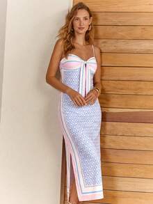 CAJUNI Women's Geometric Pattern Print Striped Color Block Tie Strap Cami Dress For Vacation Beach Vacation White And Blue Summer Tropical - Baby Pink - View 3