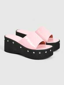 Sugerpunk Women Heeled Sandals With Open-Toed Thick-Soled Locomotive Rivets Slippers - Pink - View 8