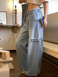 FRIFUL Celana Jeans Denim Kasual Serbaguna untuk Wanita, Dilengkapi Saku dan Kancing, serta Atasan yang Cantik - Biru - View 7