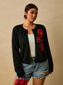 Travachic Cardigan Rajut Jacquard Kasual Serbaguna Ukuran Plus untuk Wanita Musim Gugur - Hitam - View 6