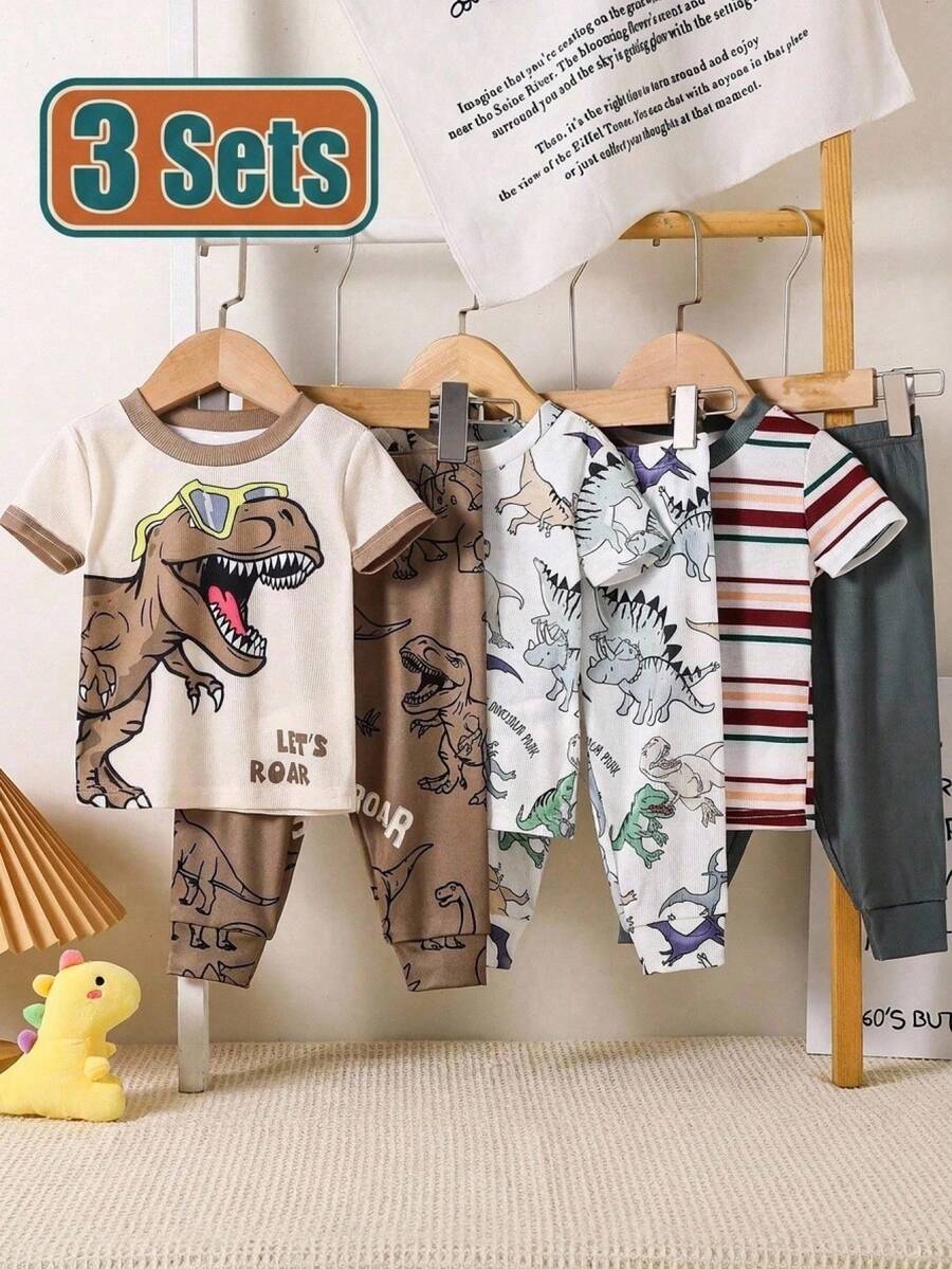 SHEIN 6pcs Baby Boy Unisex Baby Clothes Casual Cute Knitted Cartoon Dinosaur Print Striped Pattern Short Sleeve Long Pants Set Basic Multi-Piece Fitted Outfit