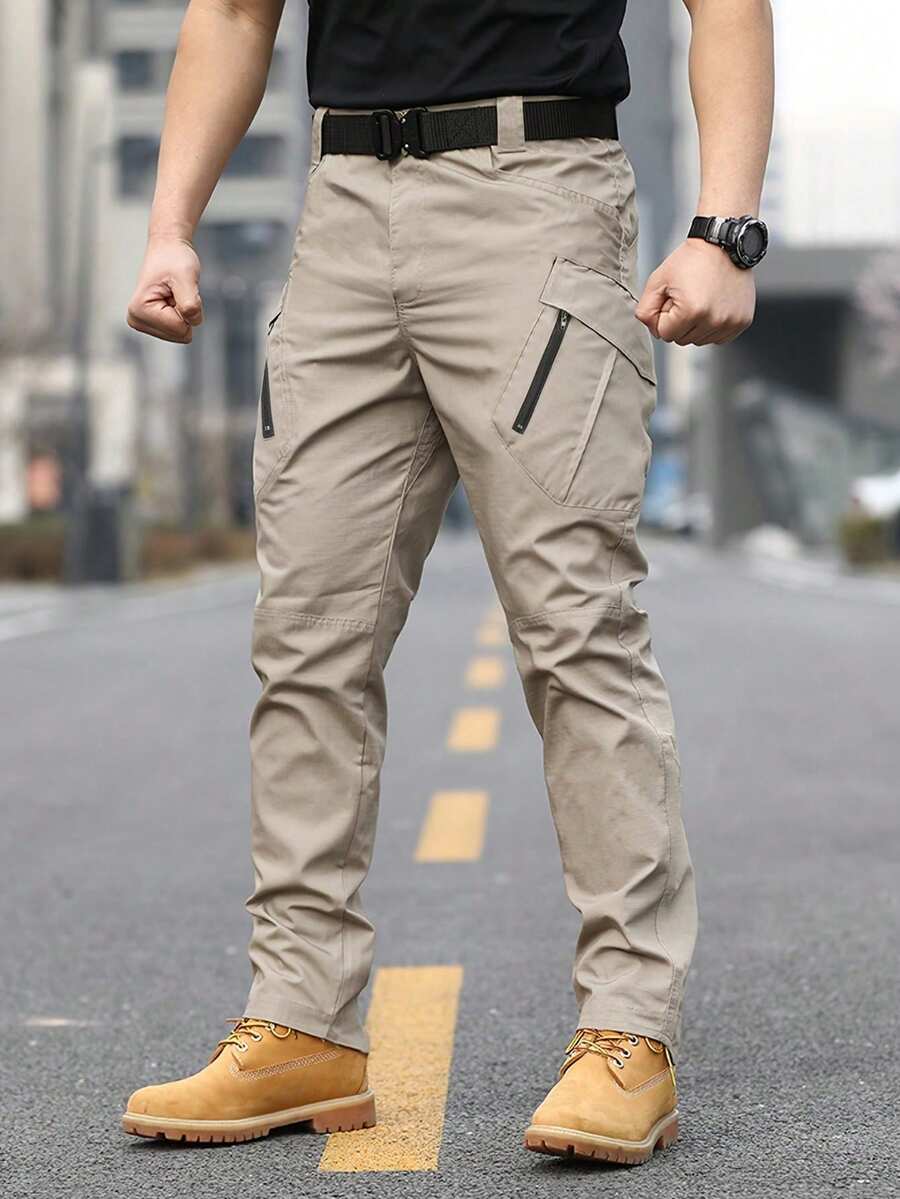 Manfinity Homme Celana Pria Berikat Kantong Zip Plain Casual - Khaki - View 1