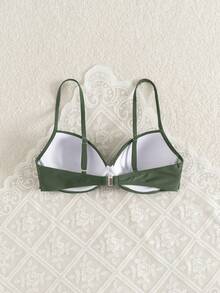 Voyashape Women's Solid Color Ruched Spaghetti Strap Bikini Top, Suitable For Summer Vacation And Beach - Army Green - View 2