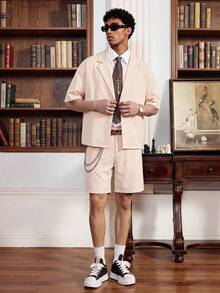 SWAVVY Men's Solid Color Single-Breasted Short Sleeve Shirt And Shorts Set - Apricot - View 3