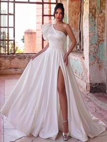 Glamrae Elegant White Glossy Satin Minimalist Asymmetric Shoulder Ruffle Sleeve Fitted Ruched Bodice High Waist Oversized A-Line Skirt With Train Side Slit - White - View 7