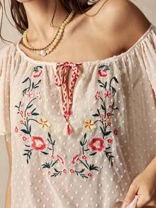 Bohemela 夏/秋度假刺繡花卉圖案梭織寬鬆女款襯衫，日常穿著，鄉村音樂會派對，返校季 - 彩色 - 查看 5