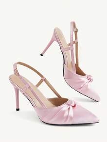 CUCCOO CHICEST French Pink Satin Pointed Stiletto High Heels, Slingback Word With Temperament Shoes, High Heel Bridesmaid Shoes - Pink - View 7