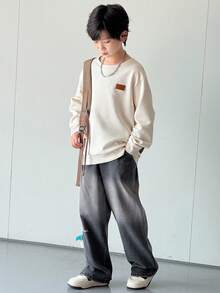 SHEIN Leap Crew 男孩休閒韓系簡約寬鬆紋理布料拼接舒適日常針織長袖衛衣，適合秋冬 - 白色 - 查看 3