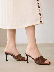 MOTF NEW COFFEE BROWN THIN HEEL SQUARE TOE WOVEN SURFACE FASHIONABLE VERSATILE WOMEN'S HIGH HEEL SANDALS SUMMER - Coffee Brown - View 5