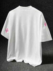 Manfinity EMRG 男士街頭風 INS 穿搭十字全印花毛巾刺繡日常穿著男友丈夫禮物週年紀念禮物白色T恤 - 白色 - 查看 2